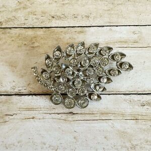 Silver Tone Rhinestone Leaf Brooch